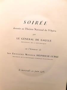 Programme de la Soirée donnée au Théâtre National de l'Opéra par Le Général De Gaulle Président de la République en l'Honneur de Son Excellence Monsieur Heinrich Lübke Président de la République Fédérale d'Allemagne le mercredi 21 juin 1961.