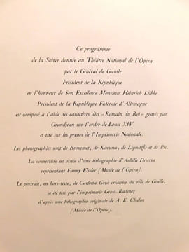 Programme de la Soirée donnée au Théâtre National de l'Opéra par Le Général De Gaulle Président de la République en l'Honneur de Son Excellence ...
