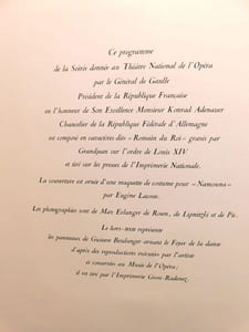 Programme de la Soirée donnée au Théâtre National de l'Opéra par Le Général De Gaulle Président de la République en l'Honneur de Son Excellence Monsieur Konrad Adenauer Chancelier De La République Fédérale d'Allemagne le mercredi 4 juillet 1962.