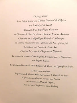 Programme de la Soirée donnée au Théâtre National de l'Opéra par Le Général De Gaulle Président de la République en l'Honneur de Son Excellence ...