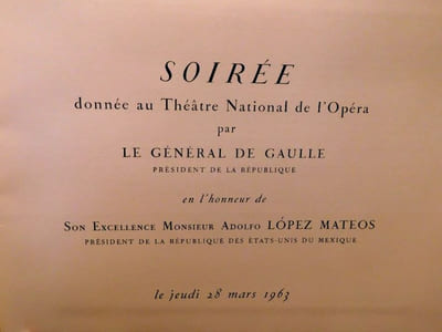 Programme de la Soirée donnée à la Comédie Française par Le Général De Gaulle Président de La République Française Président de la République des États-Unis du Mexique le 28 mars 1963.