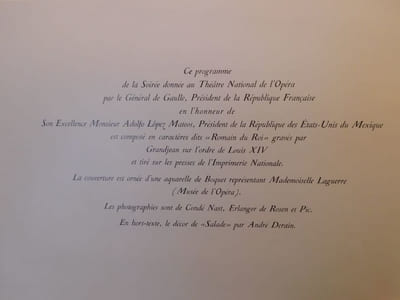 Programme de la Soirée donnée à la Comédie Française par Le Général De Gaulle Président de La République Française Président de la République des États-Unis du Mexique le 28 mars 1963.