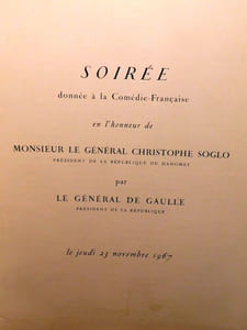 Programme de la Soirée donnée à la Comédie Française par Le Général De Gaulle Président de La République Française Président de la République Du Dahomet le jeudi 23 novembre 1967