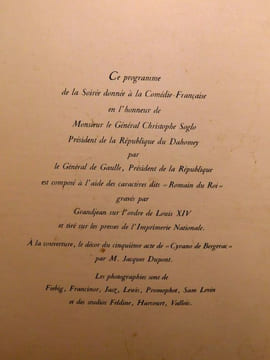 Programme de la Soirée donnée à la Comédie Française par Le Général De Gaulle Président de La République Française Président de la République Du ...