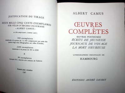 OEUVRES COMPLÈTES. L'étranger - La Peste - La chute. Noces - L'été - L'exil et le Royaume - L'envers et l'endroit. Le mythe de Sisyphe - L'homme révolté - Discours de Suède . Actuelles I, II, III. - Lettres à un ami allemand. Les esprits - La dévotion à la croix - Le chevalier d'Olmedo - Requiem pour une nonne - Les possédés - Un cas intéressant. Carnets 1935-1951. Écrits de jeunesse - Journaux de voyage - La mort heureuse.