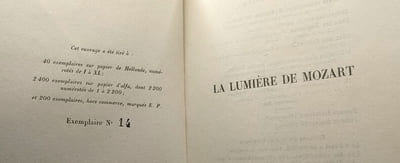 La lumière de Mozart - exemplaire numéroté 14 sur papier Alfa