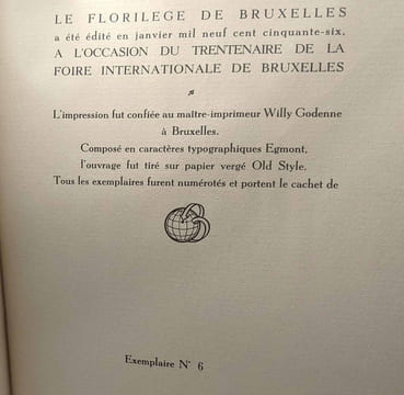 Le florilège de Bruxelles - exemplaire n°6 reservé à Monsieur Joseph de Rons administrateur de la foire internationale de Bruxelles. Delepinne Berthe