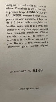 Androclès et la lionne - édition originale numérotée. Guénot Jean