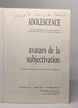 Adolescence - avatars de la subjectivation - automne 1991 - tome neuf - numéro deux. undefined