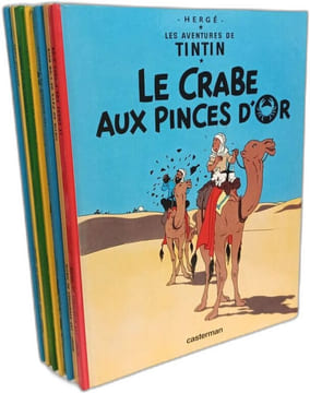 8 albums: On a marché sur la Lune; Le crabe aux pinces d'or; Tintin au pays de l'Or Noir; Les cigares du pharaon; Le trésor de Rackham le rouge; le ...