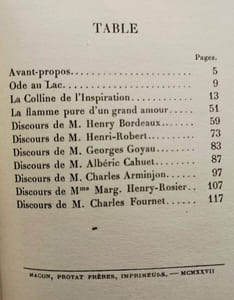 Lamartine à Tresserve. La Colline de l'inspiration. Discours de Mm. Henry Bordeaux Henri-Robert et Georges Goyau de l'Académie française Mme Marguerite Henri-Rossier MM Alcériric Cahuet Charles A
