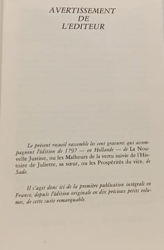 Cent gravures d'époque pour illustrer La Nouvelle Justine ou les malheurs de la vertu suivie de l'Histoire de Juliette sa soeur. Sade