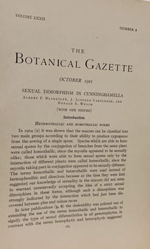 Sexual dimorphism in Cunninghamella - The Botanical Gazette Vol. LXXII No. 4 October 1921. Albert F. Blakeslee  J. Lincoln Cartledge  and Donald S. ...