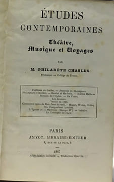 Contemporains - théâtre musique et voyages. Chasles Philarète