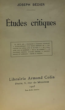 Études critiques. Bédier Joseph