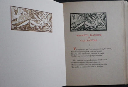 Les Chansons de Callianthe, fille de Ronsard (Madeleine de l'Aubespine, Dame de Villeroy) publiées par Roger Sorg, ornées de vignettes gravées sur bois par Paul Véra et d'un portrait de Callianthe reproduit en fac-similé.
