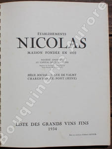 Liste des Grands Vins fins NICOLAS 1934.