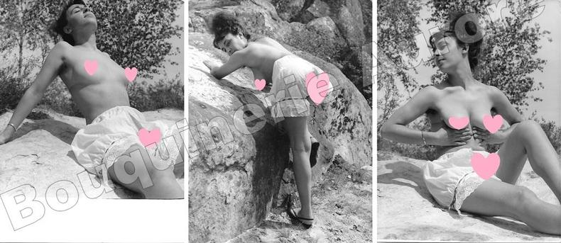 Femme brune prenant un bain de soleil dans la nature, culotte fendue.3 Photographies originales en tirage argentique.. Fonds de la célèbre revue de ...