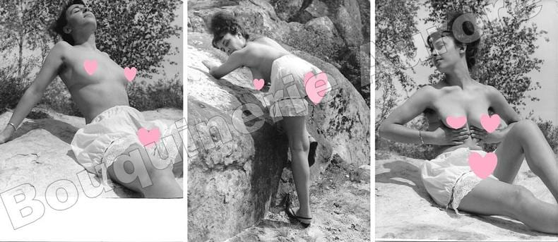 Femme brune prenant un bain de soleil dans la nature, culotte fendue.3 Photographies originales en tirage argentique.. Fonds de la c&eacute;l&egrave;bre revue de ...