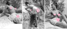 Femme brune prenant un bain de soleil dans la nature, culotte fendue.3 Photographies originales en tirage argentique.. Fonds de la célèbre revue de ...