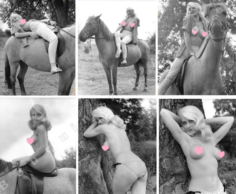 Pin-up blonde aux seins nus sur un cheval.6 Photographies originales en tirage argentique.. Fonds de la célèbre revue de Charme "Paris-Hollywood" - ...