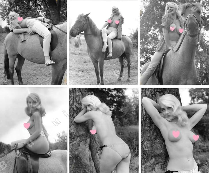 Pin-up blonde aux seins nus sur un cheval.6 Photographies originales en tirage argentique.. Fonds de la c&eacute;l&egrave;bre revue de Charme "Paris-Hollywood" - ...