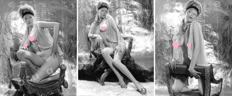 Jolie Blonde aux seins nus dans un fauteuil.3 Photographies originales en tirage argentique.. Fonds de la célèbre revue de Charme "Paris-Hollywood" - ...