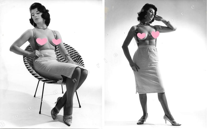Jolie brune en jupe et bretelles aux seins nus.2 Photographies originales en tirage argentique.. Fonds de la c&eacute;l&egrave;bre revue de Charme "Paris-Hollywood" ...