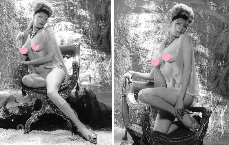 Jolie blonde aux seins nus dans un fauteuil Rococo. 2 Photographies originales en tirage argentique.. Fonds de la célèbre revue de Charme ...