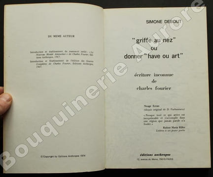 "Griffe au nez" ou donner "Have ou art". Ecriture inconnue de Charles Fourier.. [FOURIER (Charles)] - DEBOUT (Simone).
