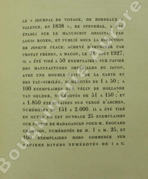 Journal de voyage de Bordeaux à Valence en 1838 publié avec une introduction et des notes par Louis Royer.. STENDHAL.