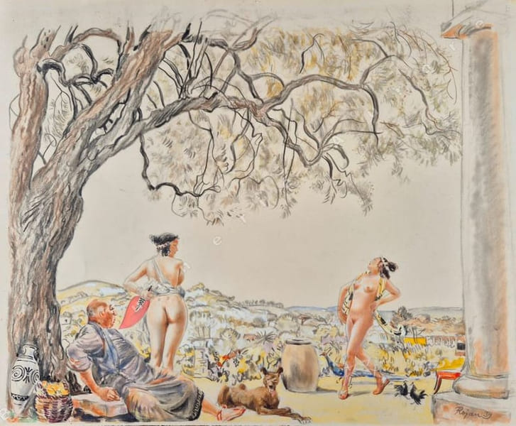 Sc&egrave;ne mythologique, 1939. Grande aquarelle originale.. ROJAN, (Fiodor Rojankovsky dit (1891-1970)).
