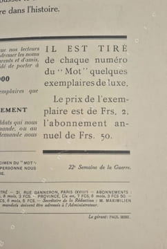 Le Mot, Paul IRIBE (Gérant).N°4 : 2 janvier 1915. "Le Kaiser Wilaine" - Couverture de Iribe.Exemplaire de l'édition de luxe sur Japon.. Paul IRIBE.