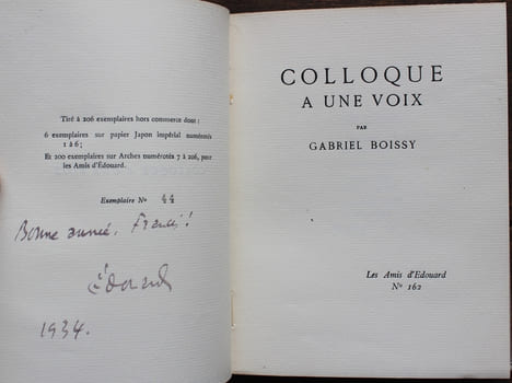 Colloque à une voix.. [Exemplaire de Francis de MIOMANDRE] - BOISSY (Gabriel).