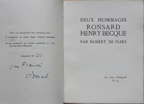 Deux hommages - Ronsard - Henry Becque.. [Exemplaire de Francis de MIOMANDRE] - FLERS (Robert de). 
