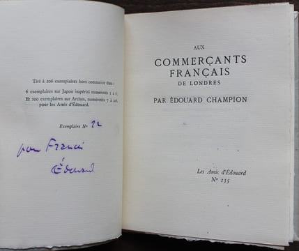 Aux commerçants français de Londres.. [Exemplaire de Francis de MIOMANDRE] - CHAMPION (Edouard). 