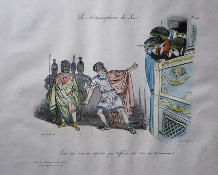 Les Métamorphoses du Jour. Planche No. 46. "Pour qui sont ces serpents qui sifflent sur ma tête (Andromaque). ". . GRANDVILLE (Jean-Ignace-Isidore ...