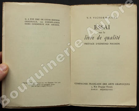 Essai sur le livre de qualité. Préface d'Edmond Pognon.. VICTOR-MICHEL (V.P.).