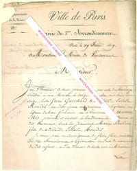 Lettre signée de Cretté de Palluel, Maire du 3e arrondissement de Paris.