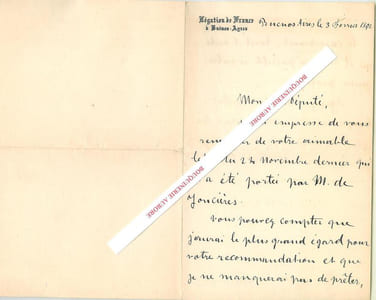 Lettre autographe signée de Charles ROUVIER, représentant des Français en ARGENTINE.