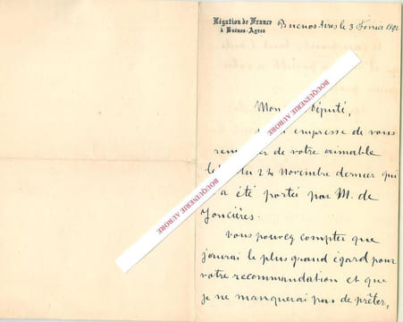Lettre autographe signée de Charles ROUVIER, représentant des Français en ARGENTINE.. Charles ROUVIER - Ministre de France à Buenos-Aires ...