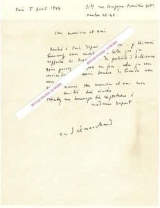 Lettre autographe signée d'André MARCHAND, peintre et illustrateur français.