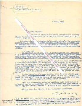 Lettre tapuscrite signée de Pierre Béarn, Homme de lettres, poète, fabuliste, libraire, auteur du slogan " Métro, boulot, dodo ". On y joint une ...