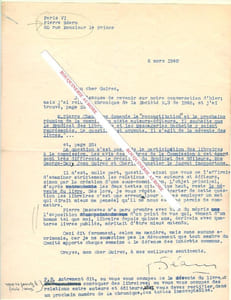 Lettre tapuscrite signée de Pierre Béarn, Homme de lettres, poète, fabuliste, libraire, auteur du slogan " Métro, boulot, dodo ". On y joint une photographie originale de l'auteur dans sa librairie.