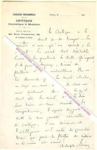 Lettre autographe signée d'Adolphe Brisson, Ecrivain et critique dramatique français.