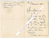 Lettre autographe signée d'Auguste Dorchain, Poète et auteur dramatique français, adressée au peintre Carolus-Duran.