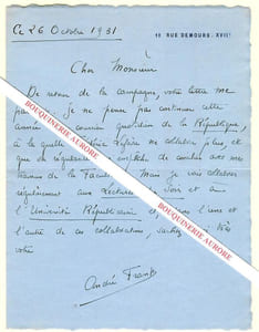 Lettre autographe signée d'Anfré Frank, Homme de lettres, de théâtre, de radio et de télévision, créateur avec Jean-Louis Barrault des Cahiers Renaud-Barrault.