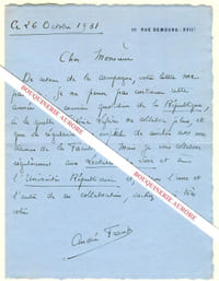 Lettre autographe signée d'Anfré Frank, Homme de lettres, de théâtre, de radio et de télévision, créateur avec Jean-Louis Barrault des Cahiers Renaud-Barrault.