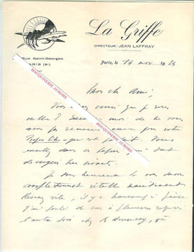 Lettre autographe signée de Jean Laffray, Journaliste, directeur de " La Griffe ", auteur d'un ouvrage sur l'aviation.. Jean LAFFRAY (dates inconnues) ...