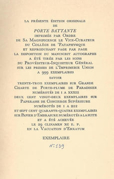 Porte Battante - Carnet de notes de Julien Torma exactement reproduit page par page d'après l'original.. [Collège de 'Pataphysique] - TORMA (Julien).